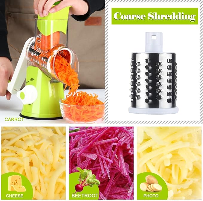 Ourokhome Rotary Cheese Grater Hand Crank, Kitchen Shredder Speed Mandolin Slicer Nut Grinder with Handle and Drum Blades for Cheese, Vegetable, Walnut, Chocolate, Potato, Carrot, 3 Blades, Green - Image 3