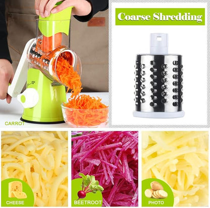 Ourokhome Rotary Cheese Grater Hand Crank, Kitchen Shredder Speed Mandolin Slicer Nut Grinder with Handle and Drum Blades for Cheese, Vegetable, Walnut, Chocolate, Potato, Carrot, 3 Blades, Green - Image 3