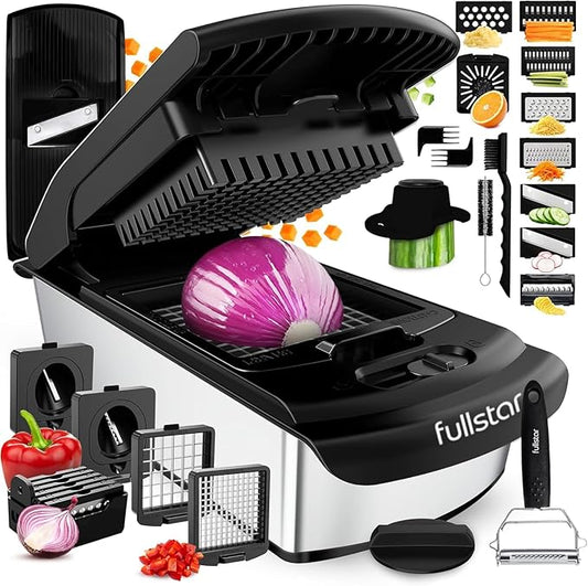 Fullstar Premium Vegetable Chopper and Mandoline Slicer - Food Chopper and Spiralizer with Container, Julienne Slicer, Fruit Slicer, Veggie Cutter, Kitchen Gadgets & Gift for Mom (14 in 1, Steel)