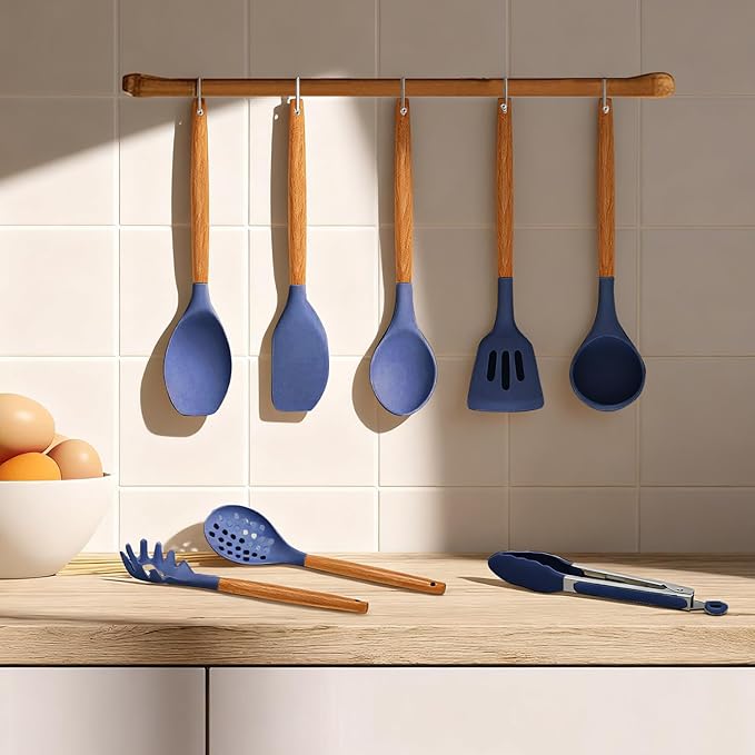 Kitchen Utensils Set - 12 Pcs Silicone Cooking Utensils Set with Wooden Handle - Heat Resistant Non-Stick BPA Free Spatula Set,Turner, Spoon, Brush, Silicone Kitchen Gadgets Utensil Set - Image 6