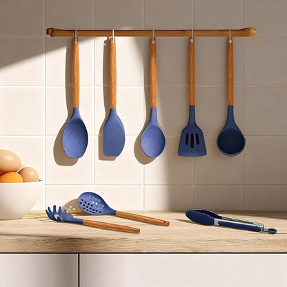 Kitchen Utensils Set - 12 Pcs Silicone Cooking Utensils Set with Wooden Handle - Heat Resistant Non-Stick BPA Free Spatula Set,Turner, Spoon, Brush, Silicone Kitchen Gadgets Utensil Set - Image 6