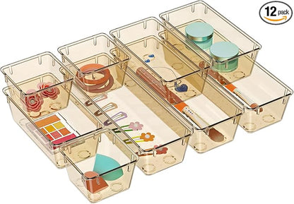 WOWBOX 12 Pack Clear Drawer Organizer Set, Acrylic Drawer Storage Trays, Storage Bins for Makeup, Cosmetics, Jewelries, Utensils, Gadgets, Office, Champagne by WOWBOX