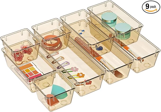 WOWBOX 9 Pack Clear Drawer Organizer Set, Acrylic Drawer Storage Trays, Storage Bins for Makeup, Cosmetics, Jewelries, Utensils, Gadgets, Office, Champagne by WOWBOX