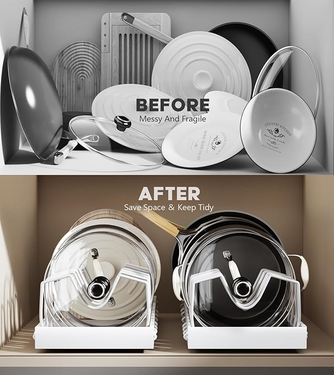 Lozovin Pull Out Pots and Pans Organizer Under Cabinet, Sliding Lid Holder and Pan Rack in Kitchen, Slide Out inside Cabinet Storage for Pot Lid, Bakeware, Dishes, 8 Adjustable Dividers, 2 Pack White - Image 4