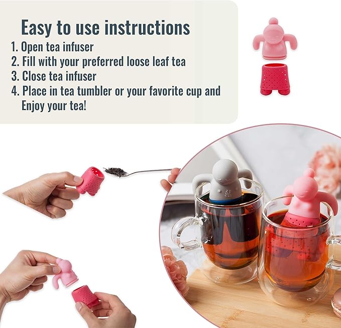 Cute Tea Infuser Set for Loose-Leaf Tea - Funny Silicone Tea Strainer Couple in Pink and Blue/Grey, Small Gift for Tea Lovers and Couples, Tea Steeper Set of 2