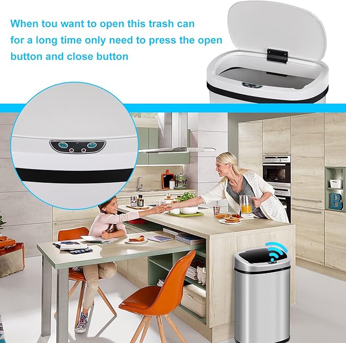 Bigacc 13 Gallon Touch Free Automatic Stainless Steel Trash Can Garbage Can Metal Trash Bin with Lid for Kitchen Living Room Office Bathroom, Electronic Motion Sensor Automatic Trash Can - White - Image 6
