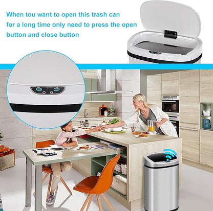 Bigacc 13 Gallon Touch Free Automatic Stainless Steel Trash Can Garbage Can Metal Trash Bin with Lid for Kitchen Living Room Office Bathroom, Electronic Motion Sensor Automatic Trash Can - White - Image 6