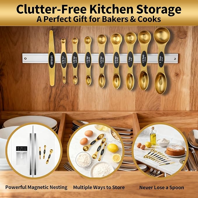 Gold Magnetic Measuring Spoons Set Stainless Steel with Leveler, Dual-Sided Stackable Metal Measuring Spoons for Baking & Cooking, Fits in Spice Jars, Heavy Duty Kitchen Gadgets, 8 Spoons & 1 Leveler - Image 9