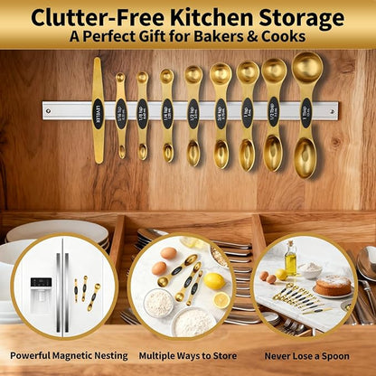Gold Magnetic Measuring Spoons Set Stainless Steel with Leveler, Dual-Sided Stackable Metal Measuring Spoons for Baking & Cooking, Fits in Spice Jars, Heavy Duty Kitchen Gadgets, 8 Spoons & 1 Leveler - Image 9