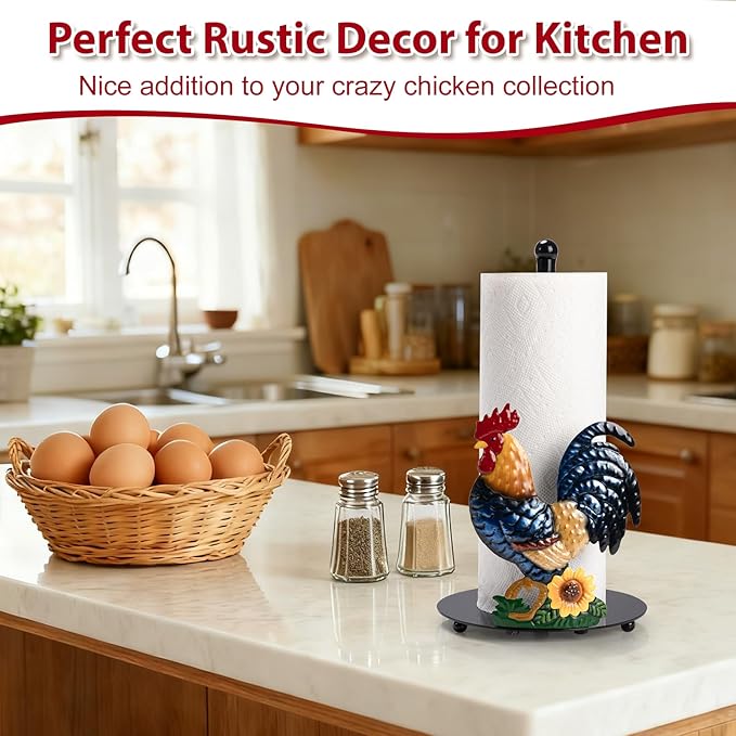 Rooster Paper Towel Holder Countertop - Sunflower & Chicken Farmhouse Kitchen Decor and Accessories, Rustic Housewarming Gift for Rooster & Farmhouse Enthusiasts, Weighted Base - Image 3