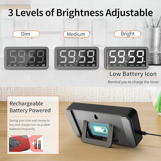 VOCOO Digital Kitchen Timer with 7.8” Extra Large Display, Magnetic LED with 3 Brightness, 4 Alarms and 3 Volume Levels, Battery Powered Countdown Count Up Timer for Cooking, Classroom, Home Gym - Image 5