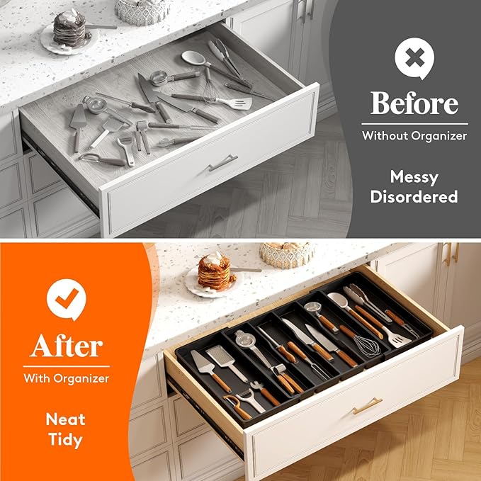 Lifewit Utensil Organizer for Kitchen Drawers, Expandable Cooking Utensil Tray, Adjustable Cutlery Silverware Flatware Holder, Plastic Spatula Tools Storage Divider, 18- 30 x 18.5", Black - Image 8