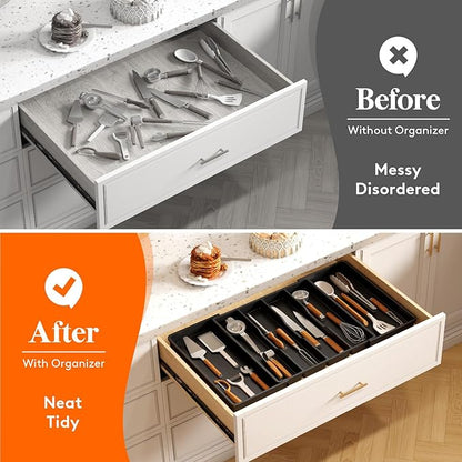 Lifewit Utensil Organizer for Kitchen Drawers, Expandable Cooking Utensil Tray, Adjustable Cutlery Silverware Flatware Holder, Plastic Spatula Tools Storage Divider, 18- 30 x 18.5", Black - Image 8