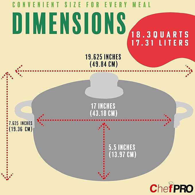 ALUMINUM CALDERO STOCK POT by Chef Pro, Aluminum, Superior Cooking Performance for Even Heat Distribution, Perfect For Serving Large/Small Groups, Riveted Handles, Commercial Grade, 18.3 Quart