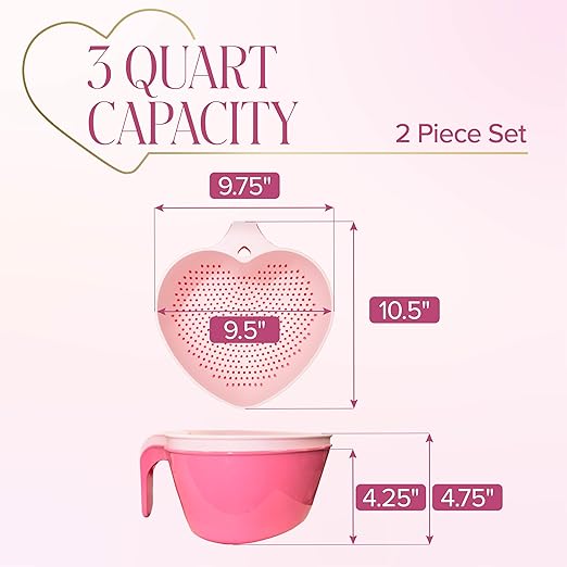 Paris Hilton Heart Bowl & Colander Set, Nesting 2-Piece Design with 3-Quart Capacity, Dishwasher Safe, Made without BPA, Pink - Image 5