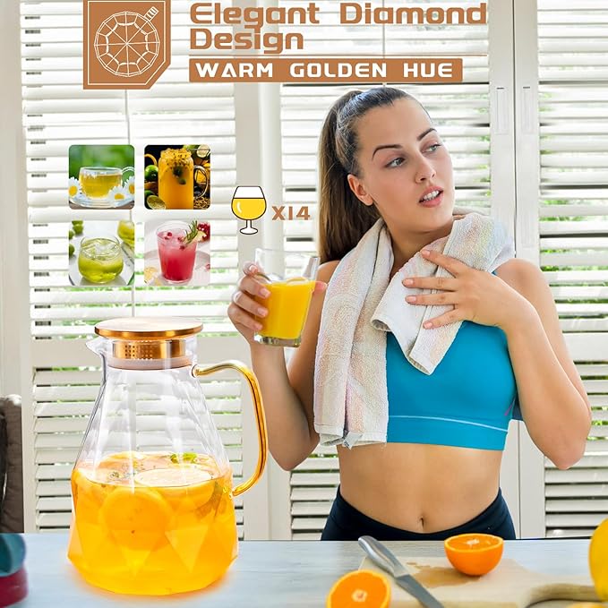 Yirilan Glass Pitcher, 2.4Liter Water Pitcher With Lid, Iced Tea Pitcher for Fridge, Glass Water Carafe With Lid, Glass Water Jug, Large Drink Pitcher For Juice, Milk, Cold Or Hot Beverages, 2400ML - Image 5