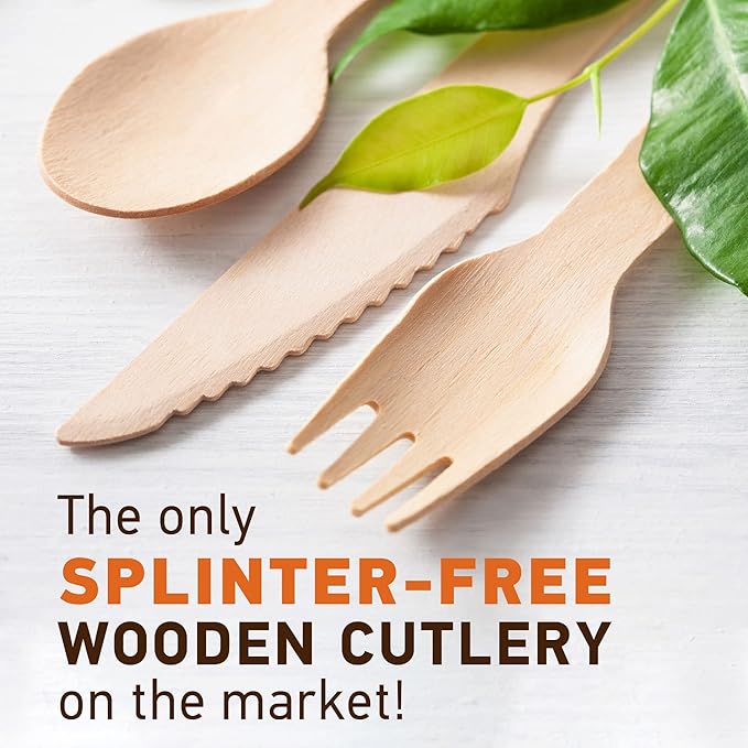 Weemium Disposable Wooden Cutlery Set - 300 Count (100 Forks, 100 Knives, 100 Spoons) – Plastic-free Packaging - Biodegradable Silverware and Splinter-free Compostable Utensils for Parties - Image 3