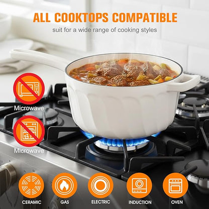 Enameled Cast Iron Sauce Pan, 2 Quart Saucepan with Lid, Small Cast Iron Pot Enamel Saucepan for Cooking Pasta Sauce, Gravy, Puddings, Marinate, Boiling (White)