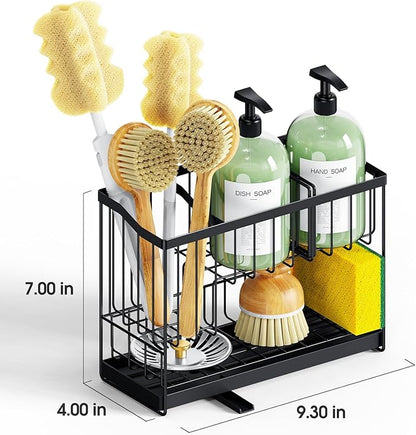 Kitchen Sink Caddy, 2-Tier Self-Draining Sponge & Dish Brush Holder, Rustproof 304 Stainless Steel Space-Saving Organizer with Drying Tray, Black - Image 2