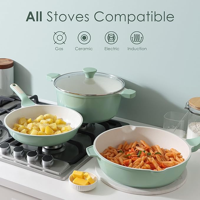 SENSARTE Nonstick Ceramic Cookware Set Large 13-Piece, Healthy Pots and Pans Set Dishwasher Safe, Non-toxic Kitchen Cooking Set with Stay-Cool Handles, Induction Compatible, PFAS Free, Green - Image 4