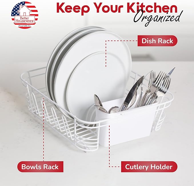Better Houseware Dish Drying Rack, Space-Saving Dish Drainer Rack for Kitchen Counter, Coated Steel Kitchen Dish Strainer 2-Piece Set with Utensil Holder, White - Image 2