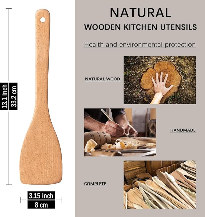 2pcs Wooden Spatulas for Cooking, 13inch Coated Beech Wood Turners for Frying, Non-Scratch Flat Spurtle for Pan & Wok, Cooking Utensils for Non Stick Cookware, Long Handle Scraper - Image 3
