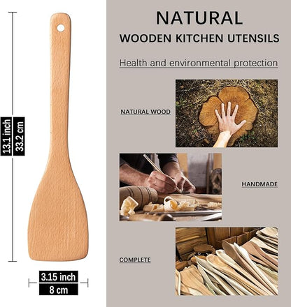 2pcs Wooden Spatulas for Cooking, 13inch Coated Beech Wood Turners for Frying, Non-Scratch Flat Spurtle for Pan & Wok, Cooking Utensils for Non Stick Cookware, Long Handle Scraper - Image 3