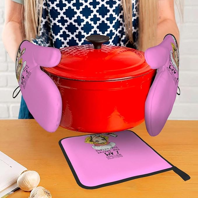 Funny Oven Mitts and Pot Holders Sets, Cute Kitchen Oven Mitts Heat Resistant Set of 3, Pink Kitchen Gloves Hot Pads, Funny Baker Gifts for Baking Lovers Women