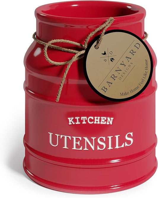Barnyard Designs Ceramic Farmhouse Utensil Holder for Kitchen Counter, Large Rustic Utensil Crock, Countertop Cooking Tool Spatula Organizer, 6.75” (Red) by BarnyardDesigns