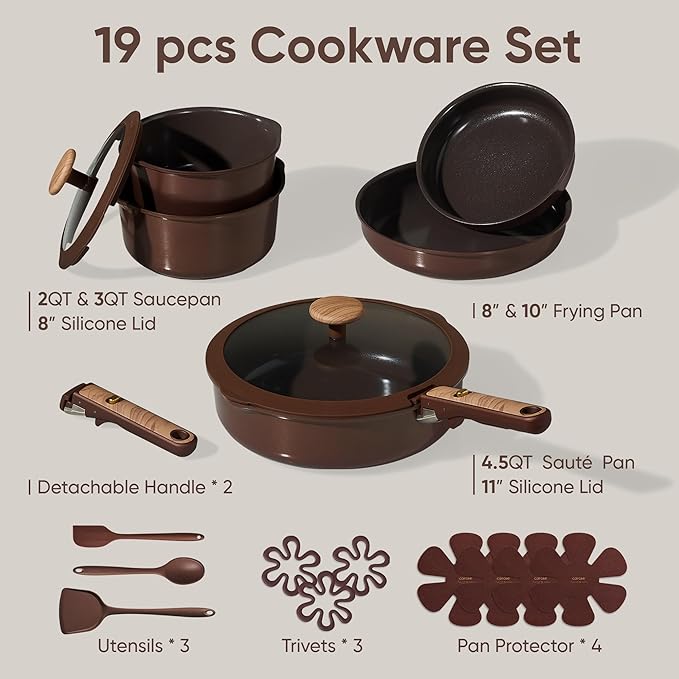 CAROTE Pots and Pans Set, Ceramic Cookware Set Non Stick with Detachable Handle, RV Kitchen Cooking Set, Induction & Oven Safe, Non-Toxic, PFAS and PFOA Free, Dark Choco, 19 Pcs - Image 2