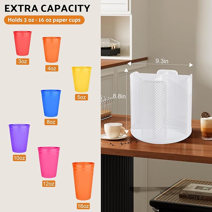 Rotating Paper Cup Dispenser with 4 Compartments, Disposable Coffee Cup Storage & Lid Holder for Countertops, Kitchen, Coffee Stations (White) - Image 2