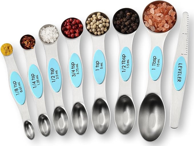 Spring Chef Magnetic Measuring Cups & Spoons Set, Patented, Strong Magnets, Heavy Duty Stainless Steel Fits in Spice Jars for Baking & Cooking, BPA Free, Round Set of 15 with Leveler, Aqua Sky - Image 8