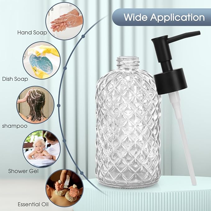Topsky Gem Glass Soap Dispenser with Black Plastic Pump, 13oz Liquid Hand Soap Dispenser, Rustproof Pump for Kitchen & Bathroom, Great for Lotions, Essential Oil, Liquid Soaps-Clear - Image 7