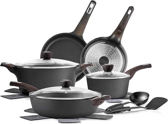 SENSARTE Pots and Pans Set Non stick, Non toxic Healthy Induction Cookware Sets, 14 Pcs Non Stick Kitchen Cooking Set with Frying Pans Set & Saucepan, PFOA PFOS Free, Black by SENSARTE