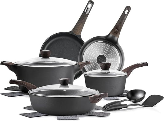SENSARTE Pots and Pans Set Non stick, Non toxic Healthy Induction Cookware Sets, 14 Pcs Non Stick Kitchen Cooking Set with Frying Pans Set & Saucepan, PFOA PFOS Free, Black by SENSARTE
