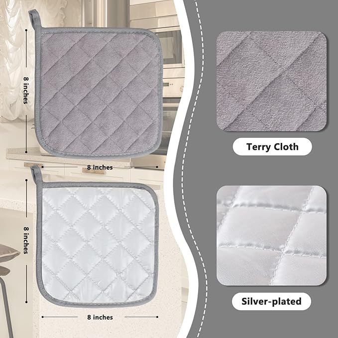 Joyhalo 6 Pack Pot Holders for Kitchen,Cotton Oven Holder with Great Heat Resistance,Non Slip Hot Pads for Kitchen Clearance,Grey - Image 2