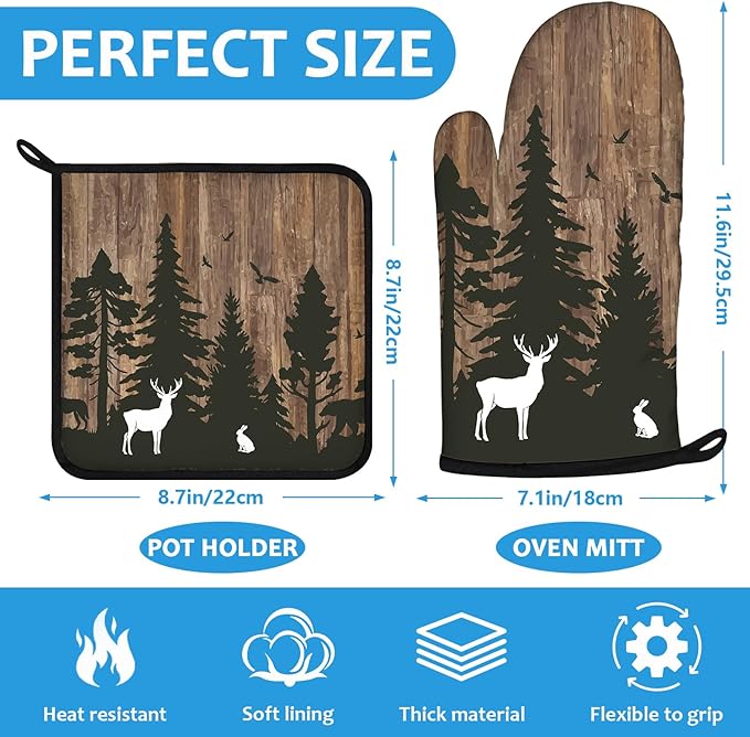 Deer Forest Wood Grain Oven Mitts and Pot Holders Sets Heat Resistant 4Pcs Potholders Oven Gloves Hot Pads for Kitchen Baking Cooking Grilling BBQ