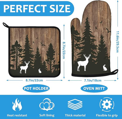 Deer Forest Wood Grain Oven Mitts and Pot Holders Sets Heat Resistant 4Pcs Potholders Oven Gloves Hot Pads for Kitchen Baking Cooking Grilling BBQ