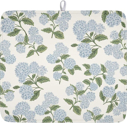 Blue Hydrangea Floral Dish Drying Mat for Kitchen Counter Spring Summer Vintage Flower Microfiber Dish Drainer Mat Rustic Farmhouse Absorbent Washable Drying Pad 16"x18"