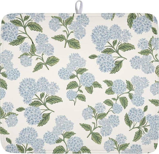 Blue Hydrangea Floral Dish Drying Mat for Kitchen Counter Spring Summer Vintage Flower Microfiber Dish Drainer Mat Rustic Farmhouse Absorbent Washable Drying Pad 16"x18"