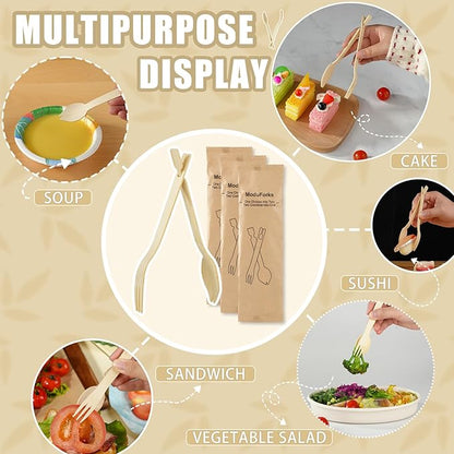 Bamboo Forks Set, 30 Sets Disposable Cutlery (30 Biodegradable Forks, 30 Compostable Spoons), Detachable 3 in 1 Bamboo Spoons and Forks, Multi-functional Chopstick Tongs