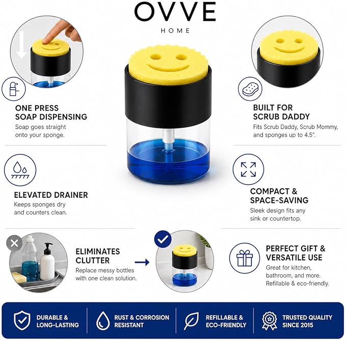OVVE HOME® Dish Soap Dispenser with Sponge Holder - Compatible with Scrub Daddy | Kitchen Sink Organizer, Soap Dispensing Sponge Holder - Image 6