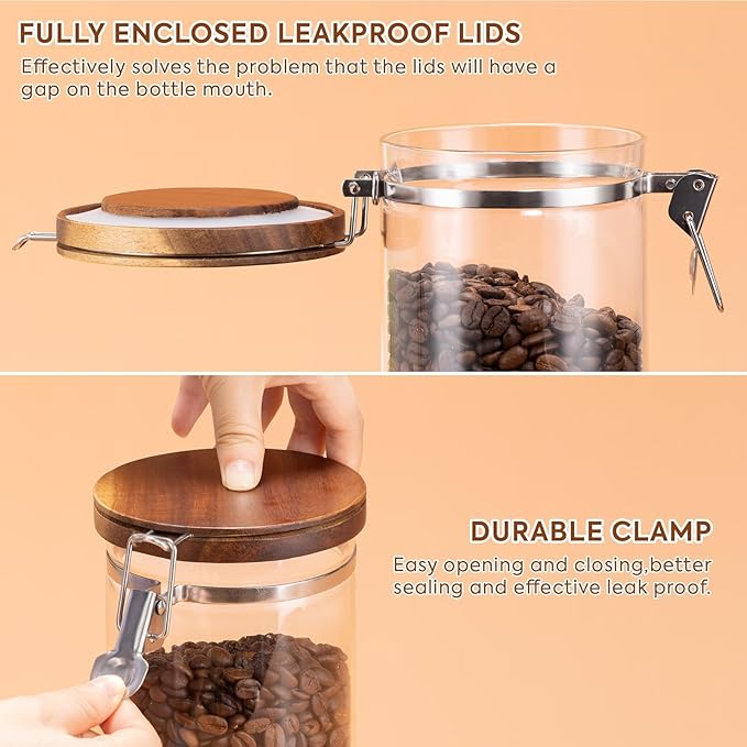 Yangbaga Glass Sugar Coffee Canister with Shelf, 3 x 45OZ Coffee Bean Containers Storage Station Organizer with Airtight Locking Clamp and Log Coffee Scoop, Food Storage Canisters Sets for Kitchen - Image 3