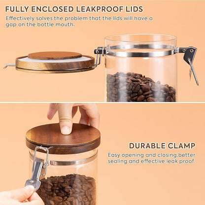 Yangbaga Glass Sugar Coffee Canister with Shelf, 3 x 45OZ Coffee Bean Containers Storage Station Organizer with Airtight Locking Clamp and Log Coffee Scoop, Food Storage Canisters Sets for Kitchen - Image 3