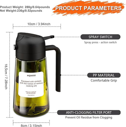 mqnxoi 2 in 1 Glass Oil Sprayer & Dispenser,16oz/470ml Olive Cooking, Air Fryer, and Salad, for Kitchen Gadgets and Air Fryer Accessories, w/Stickers (Black + Dark Green Bottle 2) - Image 8