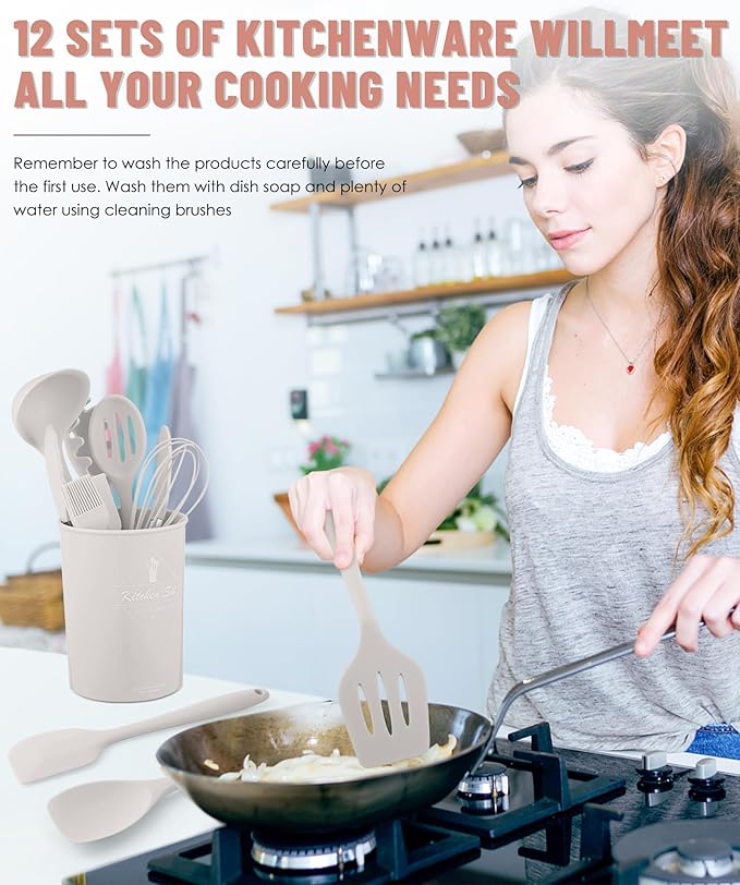 Kitchen Utensils Set-12 Pieces Silicone Cooking Utensils Set (Dishwasher Safe) 392°F Heat Resistant Spatula Set, Nonstick Cookware - Image 4