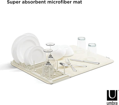 Umbra Udry Dish Rack with Movable Pegs and Microfiber Drying Mat – Space-Saving Design Folds Up for Easy Storage, Basic Rack, Linen - Image 6