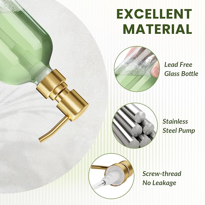 AmazerBath Soap Dispenser, 2 Pack Glass Soap Dispenser with Pump Stainless Steel, 17 Oz Clear Gold Hand Soap Dispensers for Bathroom and Kitchen - Image 2