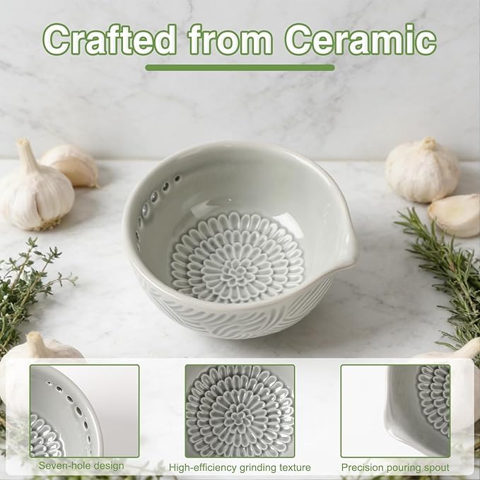 Ceramic Grater Bowl with Herb Stripper, 3 in 1 Handmade Ginger Grater Bowl, Garlic Grater Plate, Multi-Functional Kitchen Tools and Gadgets, for Garlic, Chocolate, Herbs, Etc - Image 6