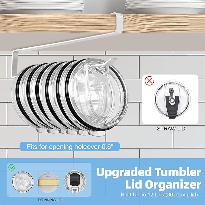 Tumbler Lid Organizer, 2 Pack for Yeti Lid Organizer, Space Saving Water Bottle Lid Holders, Tumbler Lid Holder Up to 12 Lids,No Drilling,Cup Lid Organizers for Kitchen Under Cabinet Storage (White) - Image 3
